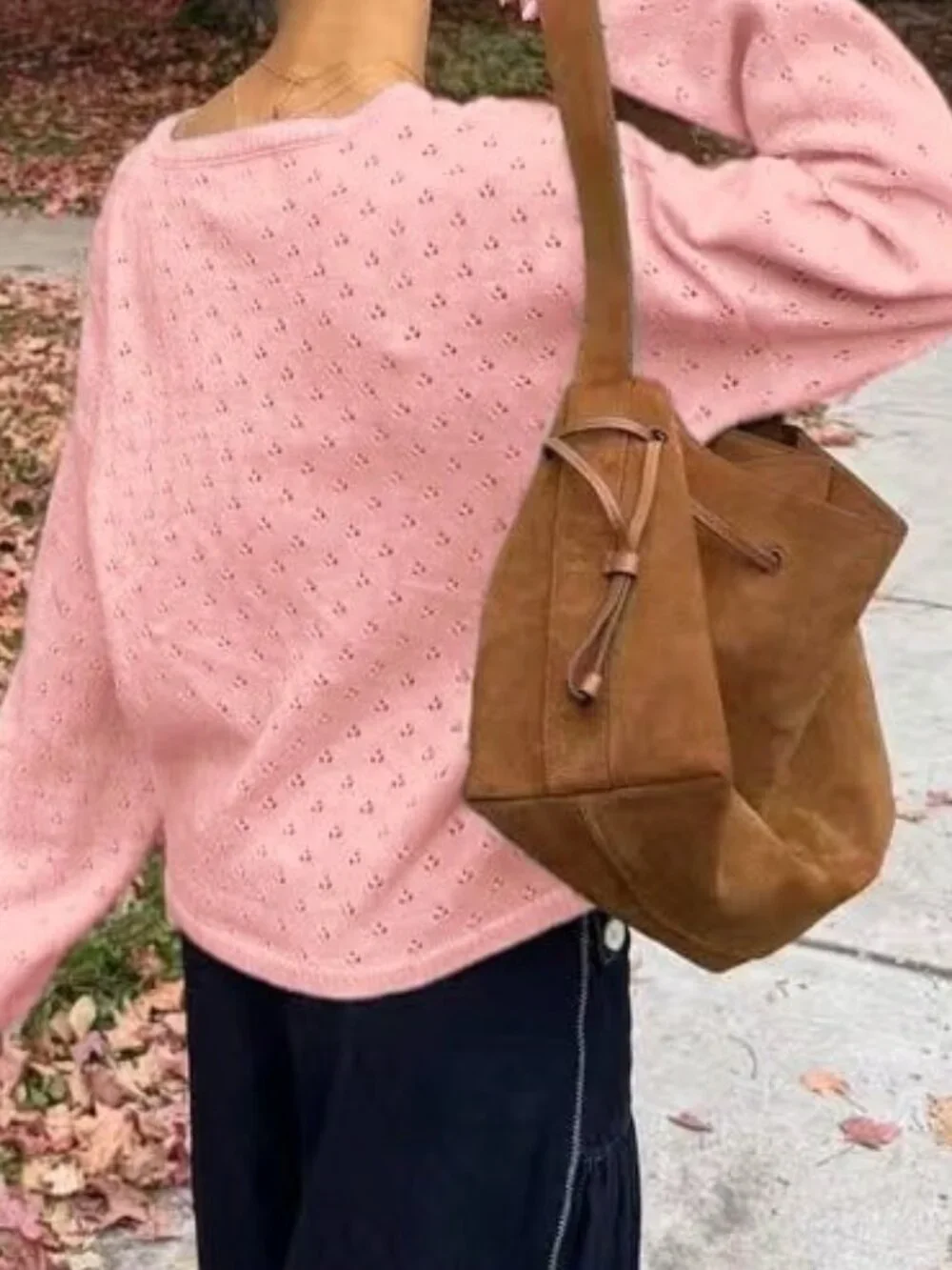 Pink Casual Women's Henley Collar Hollow Knit Sweater